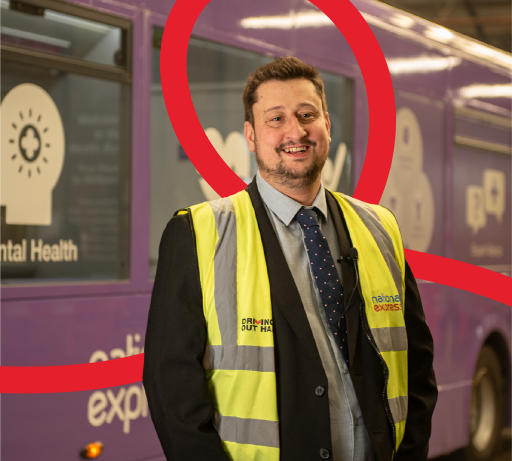 National Express Bus Driver in front of Health Bus for EVP campaign